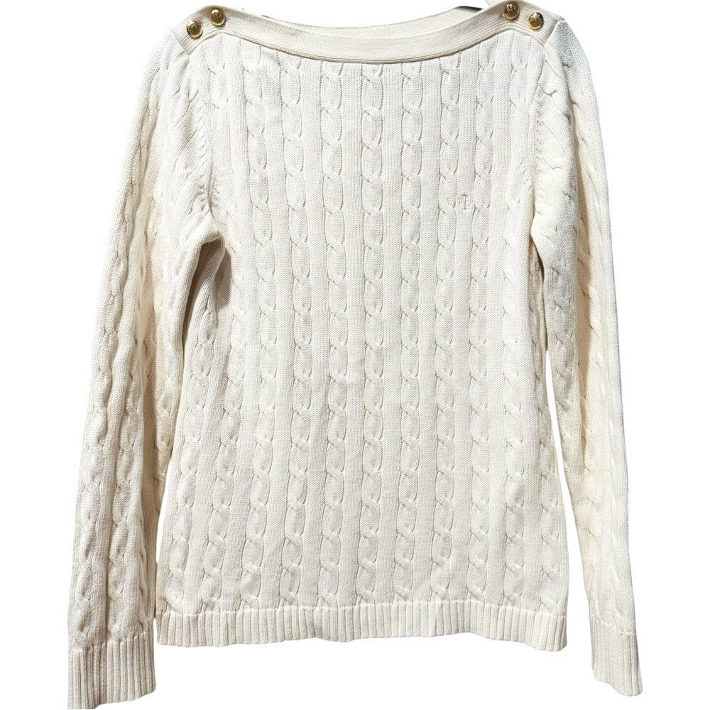Ralph Lauren Cream Cable Knit Sweater Gold Crest Buttons Nautical Large